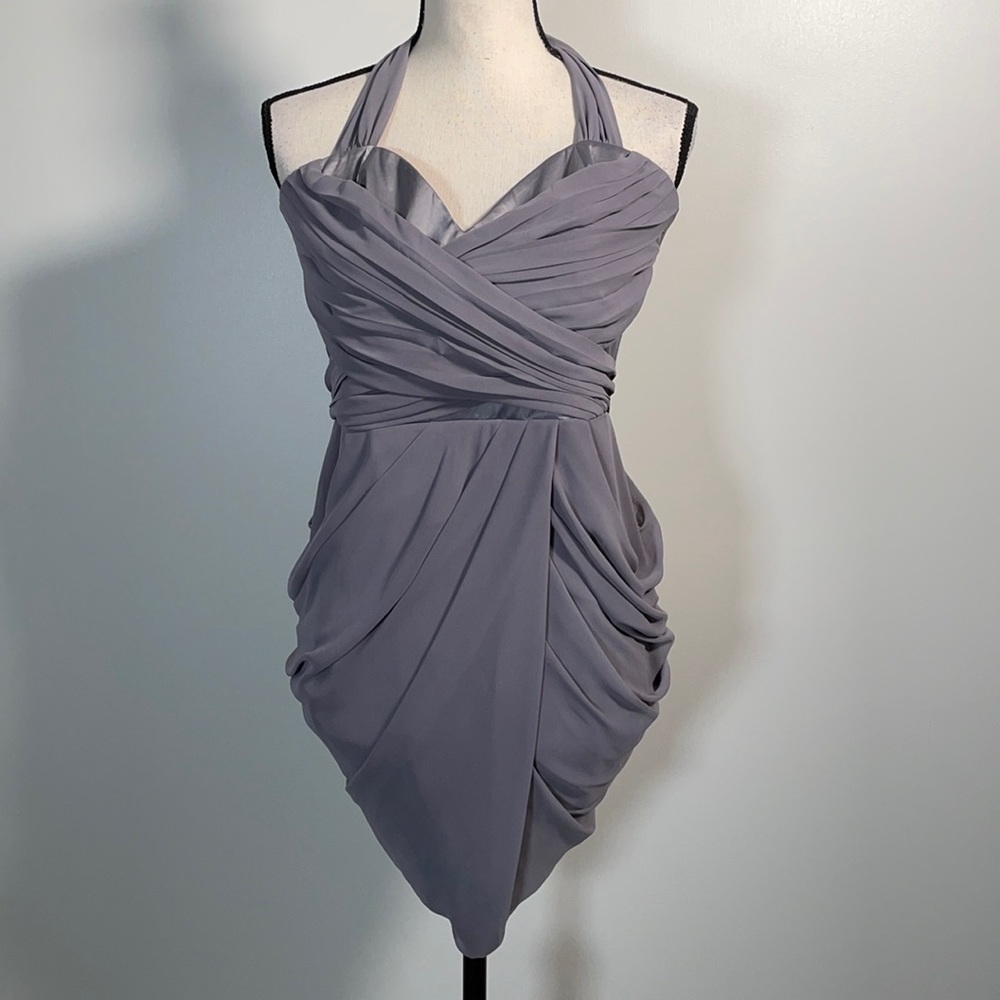 Walter Baker Grey Ruched Tie Back Sleeveless Halter Mini Dress M - Picture 2 of 16